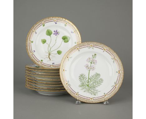 Royal Copenhagen, Denmark. Set of 11 Flora Danica botanical porcelain reticulated luncheon plates, shape number 20 3549. Each