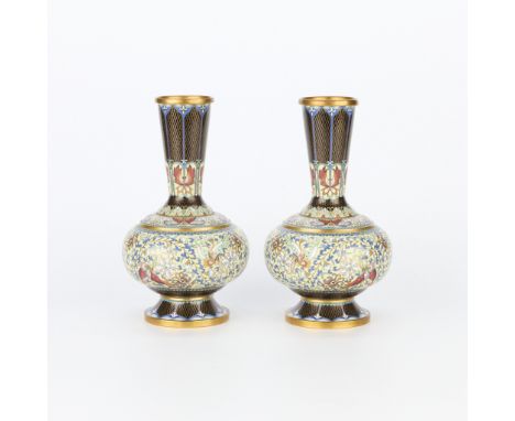 Pair 19th-20th century Chinese cloisonne vases depicting butterflies, flowers, and profuse foliate and scrollwork motifs enam