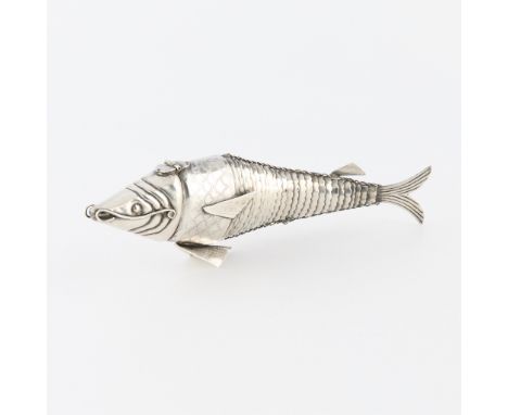 Spice box in the form of an articulated fish. The head opens to a compartment (missing hinge pin). The fish with detailed fin