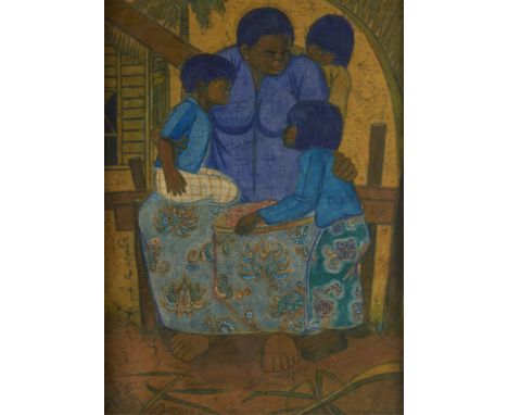 Chuah Thean Teng (Chinese/Malaysian, 1914-2008). Batik painting depicting a mother caring for three young children. Signed al