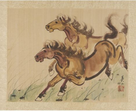 Chinese ink and pigment on silk painting of two galloping horses. Inscribed and with a red seal along the lower right. In the