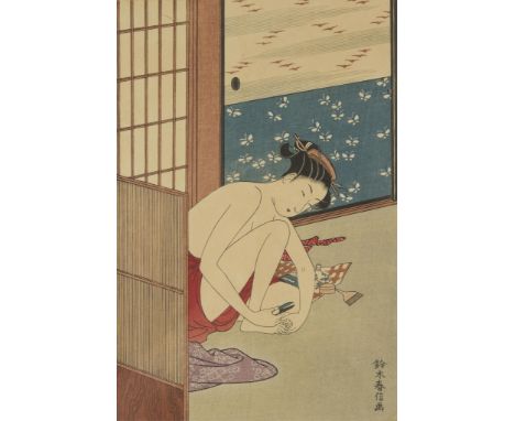 Suzuki Harunobu (Japanese, 1724-1770). Woodblock print on paper depicting a half-dressed woman clipping her toenails. Likely 