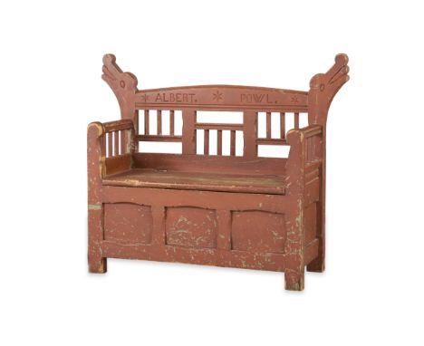 Small Swedish carved wooden Gustavian style child's box bench, 19th century. With fretwork throughout the backsplat and rear 