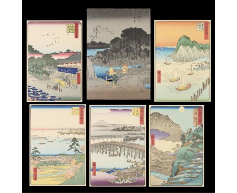 Group of six Japanese woodblock prints including:Utagawa Hiroshige (Japanese, 1797-1858). Print titled "Ueno Yamashita" from 
