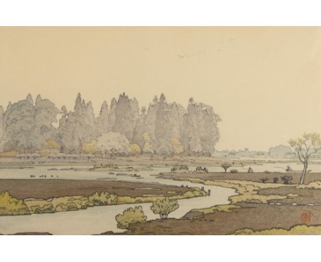 Toshi Yoshida (Japanese, 1911-1995). Japanese woodblock print titled "Morinji in Spring" depicting a peaceful riverside lands
