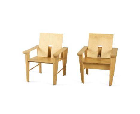 Group of two modern custom architect designed wooden prototype lounger armchairs, 20th century.(Each) height: 36 in x width: 