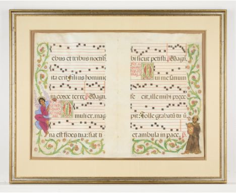 Large illuminated antiphonal sheet. Ink and pigment on vellum. Depicting a monk and angel amid scrollwork. With two illuminat
