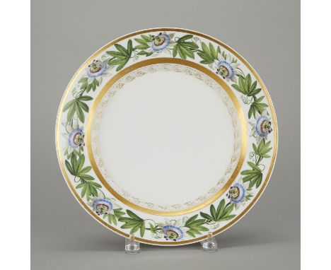 K.P.M., Germany. Porcelain charger decorated along the rim with hand-painted passion flowers and rimmed with gold, ca. 1844-1