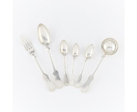 Group of seven spoons, two teaspoons, one fork, one ladle, one serving spoon and two tea spoons (these two of different marks