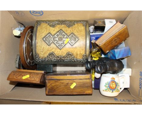 A box containing a pair of binoculars; an olive wood covered Bible; a dome top tin; a walnut mantel clock etc. 