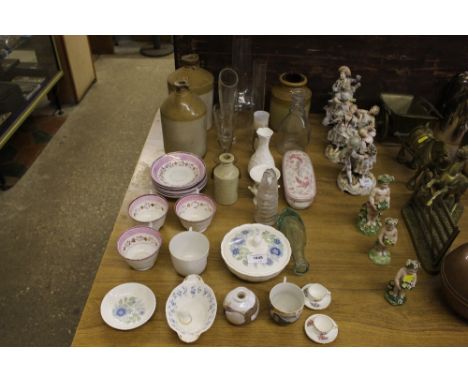 Two glass oil lamp chimneys; two stoneware flagons; Victorian lustre teaware etc.