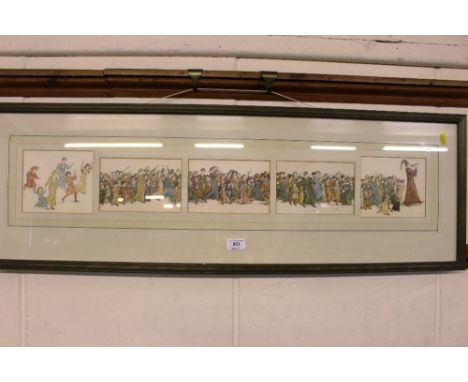 After Kate Greenaway, a coloured print depicting a procession 