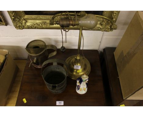 A Victorian Staffordshire figure; a brass desk lamp; and two measures 