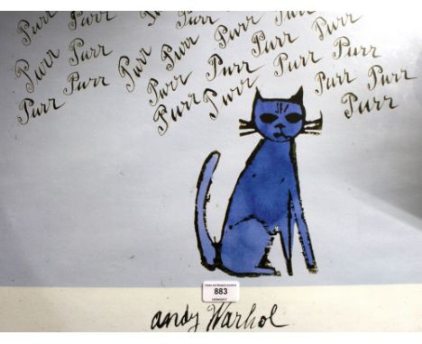 A coloured print after Andy Warhol depciting a cat 