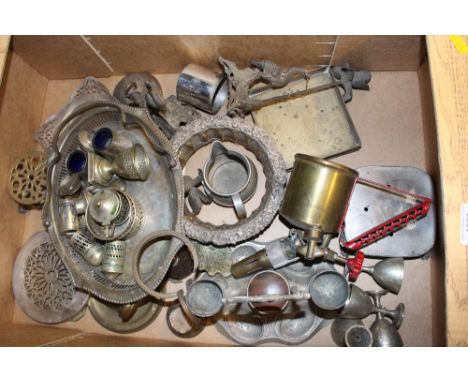A box containing various metalware to include cruet items, a blow lamp etc. 