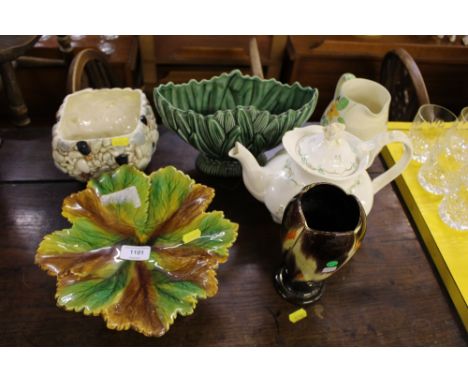 A Villeroy & Boch green glazed comport; two Sylvac vases; a teapot etc. 