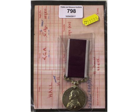 An army long service medal GRV to QM Stg H H Hall RGA