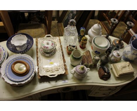 A cut glass decanter and stopper; two Russian dolls; a pair of candlesticks; various decorative china to include a cream ware