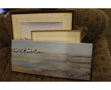 A print on canvas of a shoreline; together with a print depicting the Palace of Westminster; and a landscape print