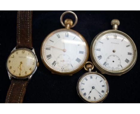 Vintage Ingersoll pocket watch currently ticking together with a silver fob watch &amp; 2 pocket watches ( fob watch &amp; po