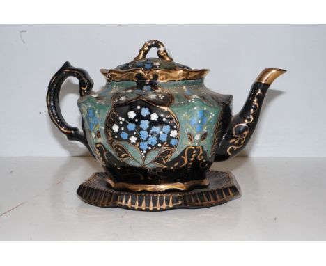 Victorian hand painted stoneware teapot &amp; stand