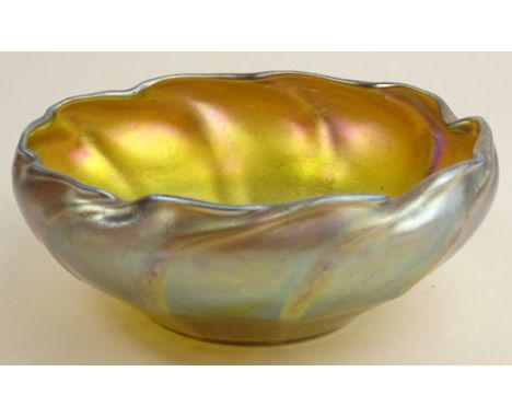 Antique Tiffany Favrile Iridescent Glass Bowl. Scalloped Rim. Signed LCT Favrile. Pontil Bottom. Light Scratches or in Good C