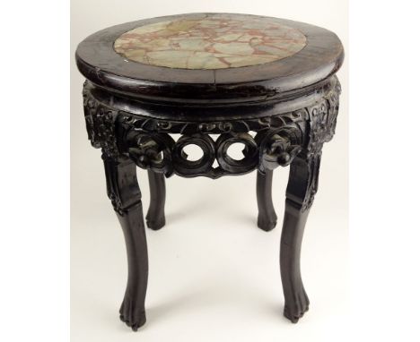 Vintage Chinese Carved Hardwood Urn Stand. Inset Marble Unsigned. Rubbing and Wear or in Good Condition. Measures 18 Inches H