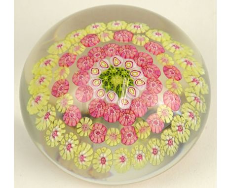 Vintage Baccarat Milllefiore Paperweight. Signed with Baccarat Logo. Good Condition. Measures 2 Inches Tall, 3 Inches Diamete