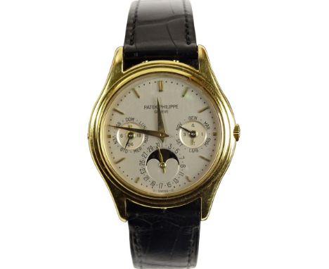 Men's Vintage Patek Philippe Model 3940 18 Karat Yellow Gold Perpetual Calendar Moonphase Watch with Crocodile Strap with 18 