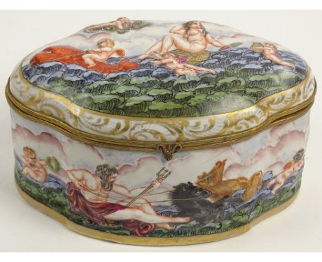 Vintage Capodimonte Hand Decorated Porcelain Hinged Box depicting Poseidon. Signed Blue N with Crown Mark. Light Wear and Rub