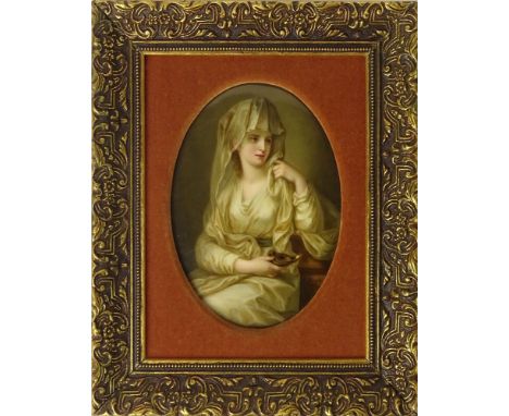 19/20th Century Hand Painted Porcelain Plaque "Lady In Lace With Lamp" Artist Signed Lower Right F. Burgham DRSDN. Good Condi
