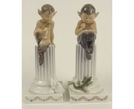 Vintage Royal Copenhagen Porcelain Satyr Figurines. Both Atop Columns. One With Lizard, One with Rabbit. Signed with Royal Co