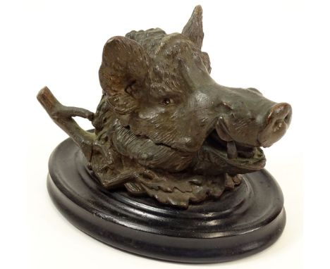 Antique Spelter Boars Head Inkwell Mounted on Wood. Unsigned. Good Condition. Measures 6 Inches Tall, 8-1/2 Inches Length. Sh