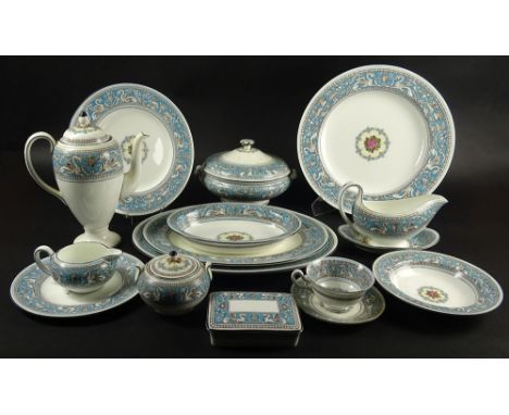 Wedgwood Florentine Turquoise Dinner Set with Fruit Center. Sixty Four (64) Pieces Consisting of Seven (7) Dinner Plates 10-3