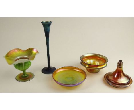 Lot of Five (5) Pieces Antique Tiffany Favrile Iridescent Art Glass. This Lot includes: Bud Vase, 8 Inches Tall, Signed L.C.T