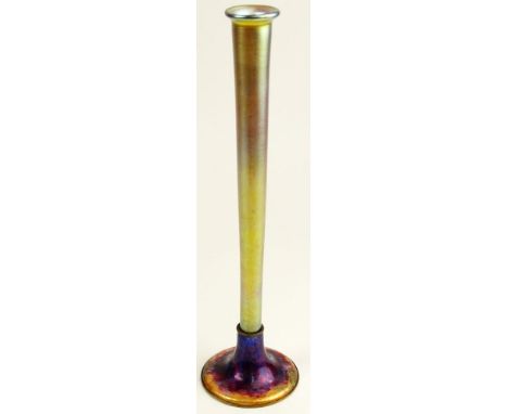 Antique Tiffany Favrile Iridescent Glass Stick Vase Set in Enameled Copper Tiffany Furnaces Base. Iridescent Vase signed LCT 