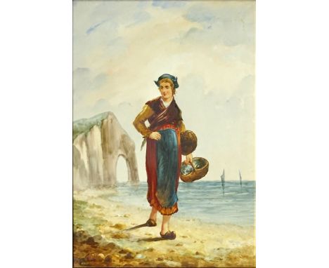 19/20th Century Hand Painted Porcelain Plaque "Dutch Woman Collecting Shells" Unsigned. Light Minor Scratches or in Good Cond