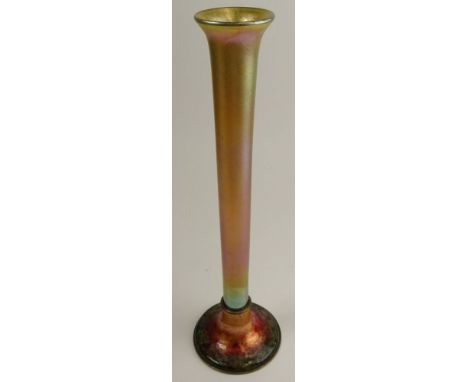 Large Antique Tiffany Favrile Iridescent Glass Stick Vase on Tiffany Furnaces Enameled Base. Glass Signed 5 - L.C.T Favrile, 