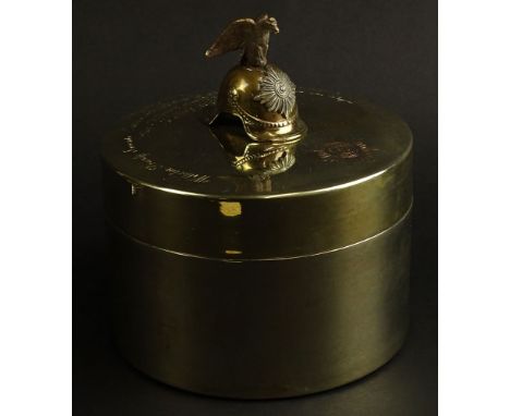 Circa 1914 German Silver Plate Covered Round Box with Relief Military Helmut with Eagle Finial and Inscribed "Wilhelm Frantz 