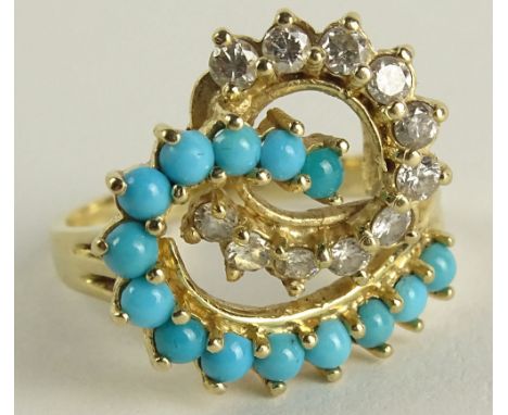 Lady's Vintage 14 Karat Yellow Gold, Diamond and Turquoise Ring. Signed 14K. Good Condition. Ring Size 7-1/2. Approx. Weight: