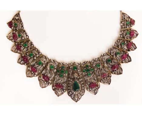 Victorian Style Diamond, Ruby and Emerald Necklace. Rose Cut Diamonds, Tear Drop and Round Cut Emeralds and Carved Rubies Set