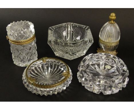 Lot of Five (5) Vintage Crystal Tabletop Items. This Lot Includes 3 Ashtrays, Lighter and Hinged Round Box. Unsigned. Small L