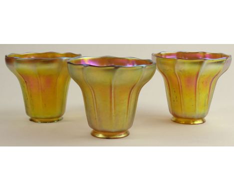 Lot of Three (3) Antique Tiffany Favrile Iridescent Gold Luster Shades. Signed L.C.T. Minor Rim Chips at Base , Light Scratch