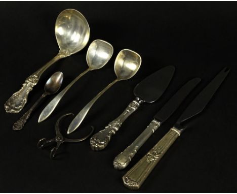 Lot of Eight (8) Assorted Sterling Silver Flatware Items. This lot includes 2 small Ladles, One Ladle, Demitasse Spoon, Tongs
