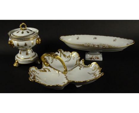 Lot of Three (3) Vintage French Parcel Gilt Porcelain Decorative Display Items. Oval Compote, 3-3/4 Inches Tall (later added 