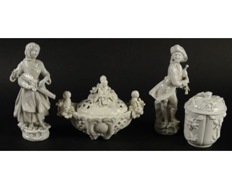 Lot of Four (4) Vintage Continental Blanc de Chine Decorative Items. This Lot includes a Pair of Figures, Unsigned, Measures 