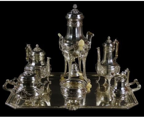 Exceptional Quality 19th Century French Claude Doutre Roussell, Paris .950 Silver Coffee and Tea Service Including Hot Water 