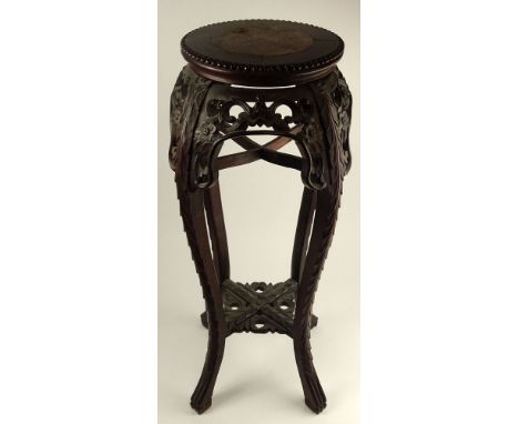 Vintage Chinese Carved Hardwood Pedestal. Inset Marble. Unsigned. Rubbing and Wear or in Good Condition. Measures 30-1/2 Inch