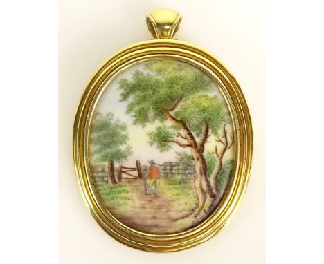 Vintage 18 Karat Yellow Gold Mounted Rosenthal Painted Porcelain Pendant/Brooch. Signed 750, Artist Signed to Porcelain. Good