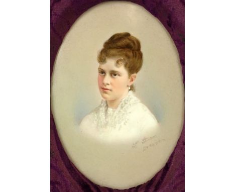 19/20th Century Dresden Germany Painted Porcelain Plaque, Portrait of Woman. Signed L. Sturn, Dresden. Good Condition. Measur